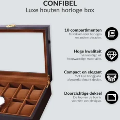 Confibel Horloge box voor uw juwelen en sieraden 10 compartimenten met kussentjes New