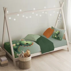 Eleganzzz Kinder Dekbedovertrek Micropercal Sleeposaurus - green 140x220/240cm Clearance