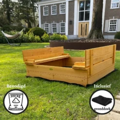 Rijoka Houten Zandbak 2 Banken Inclusief Grondzeil Inklapbaar 127x127 Discount