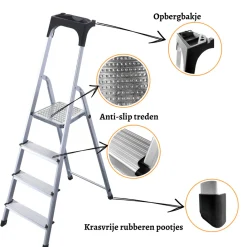 Rijoka Huishoudtrap Aluminium 4 treden Anti Slip Treden Opbergkapje