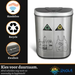 Rijoka Prullenbak met Sensor Dubbel 70 Liter RVS Soft Close Vingerafdrukvrij Clearance