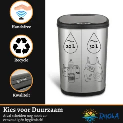 Rijoka Prullenbak Sensor Dubbel 50 Liter RVS Soft Close Vingerafdrukvrij