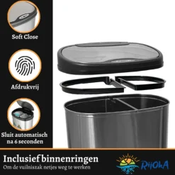 Rijoka Prullenbak Sensor Dubbel 50 Liter RVS Soft Close Vingerafdrukvrij