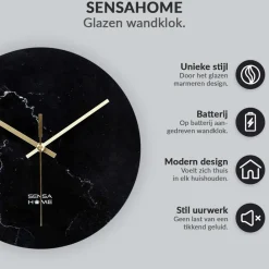 SensaHome Glazen Wandklok 30cm Minimalistische Marmeren Design met Stille uurwerk