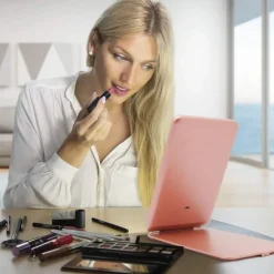 UNIQ Opvouwbare LED Make‑upspiegel (USB oplaadbaar) – Reisspiegel met 3 Lichtstanden, Roze Sale